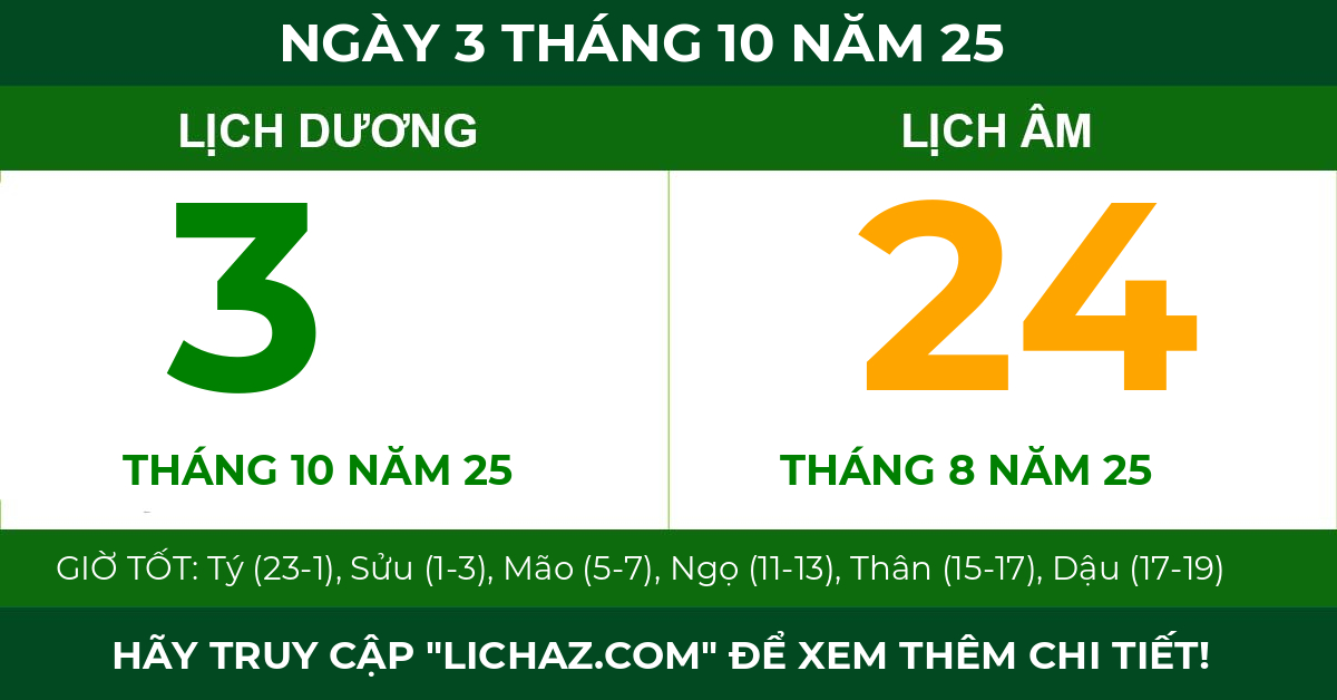 lịch âm ngày 3 tháng 10 năm 25