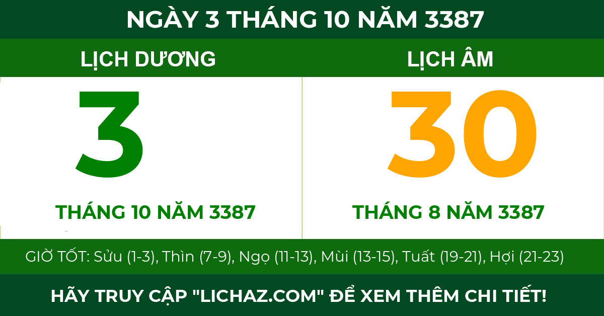 lịch âm ngày 3 tháng 10 năm 3387