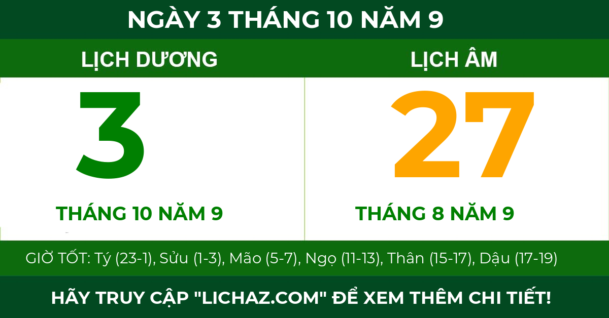 lịch âm ngày 3 tháng 10 năm 9