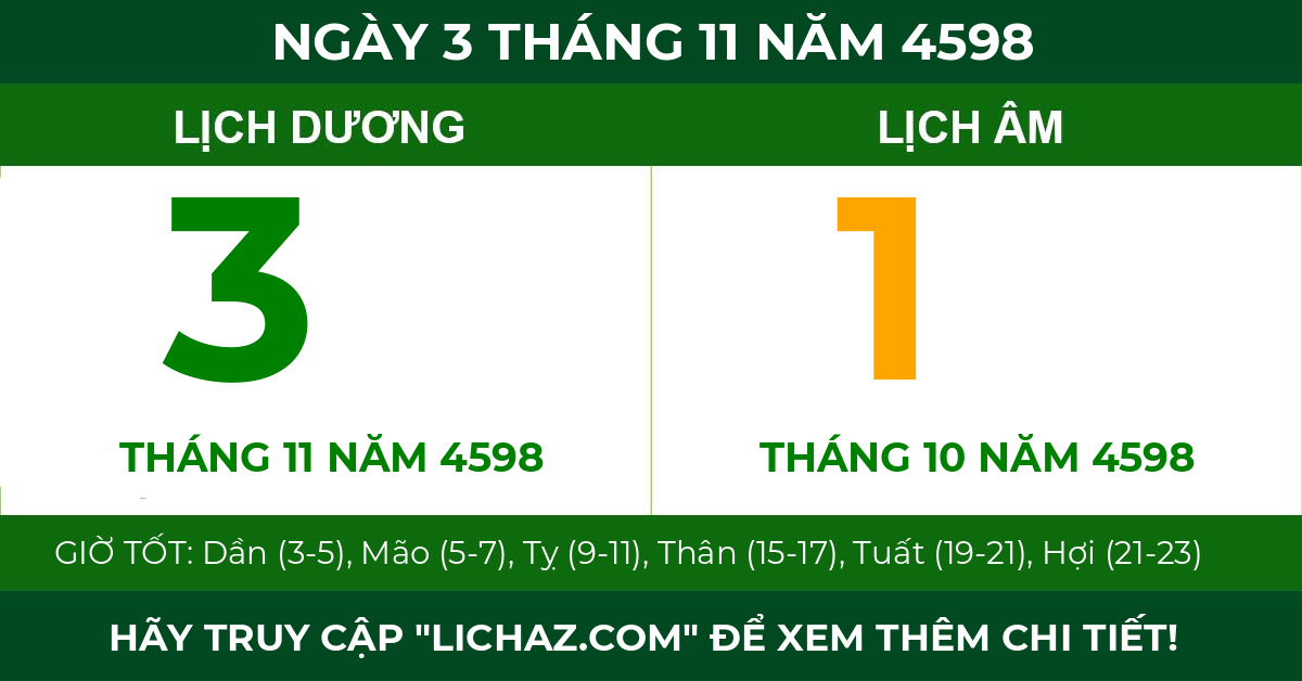 lịch âm ngày 3 tháng 11 năm 4598