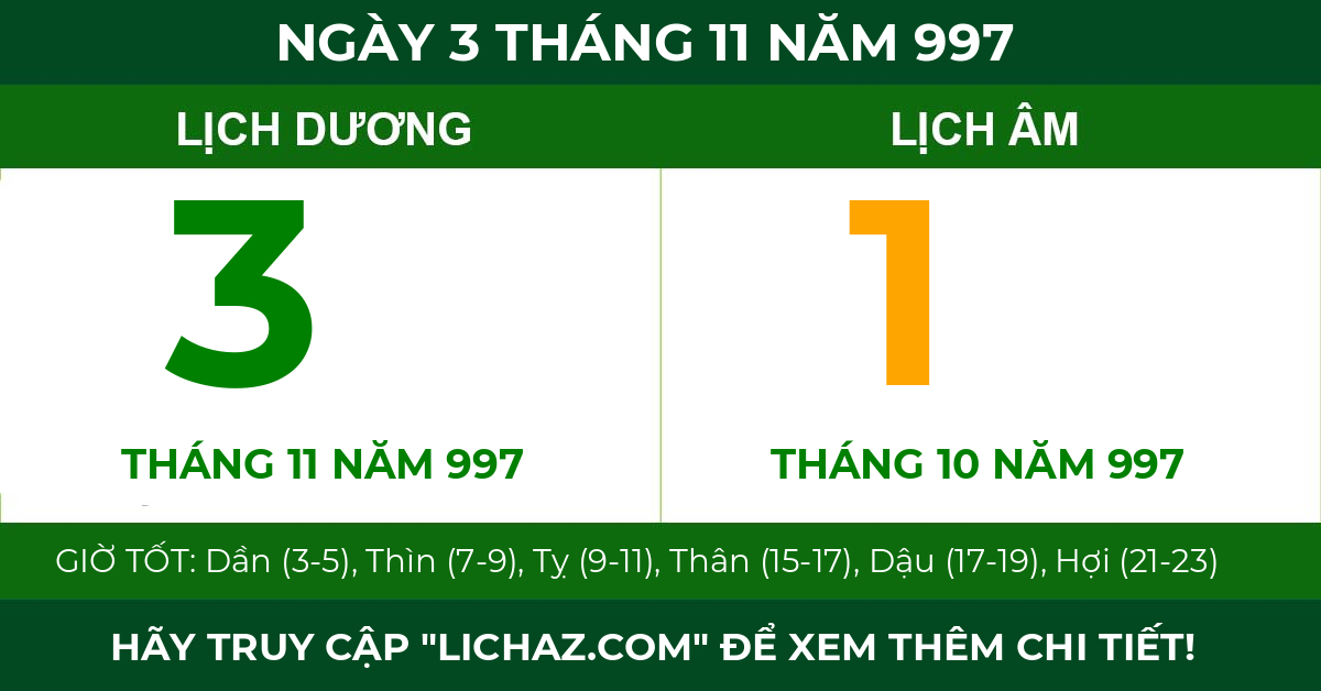 lịch âm ngày 3 tháng 11 năm 997