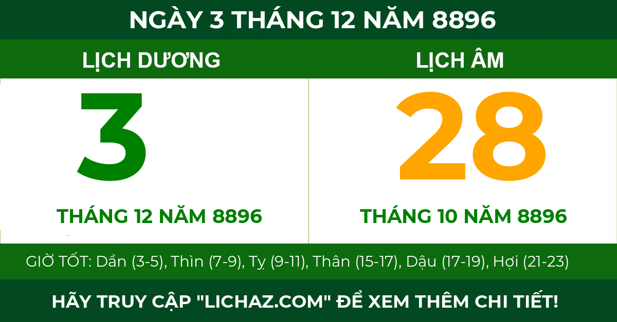 lịch âm ngày 3 tháng 12 năm 8896