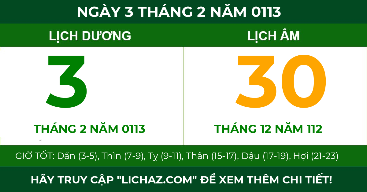 lịch âm ngày 3 tháng 2 năm 0113