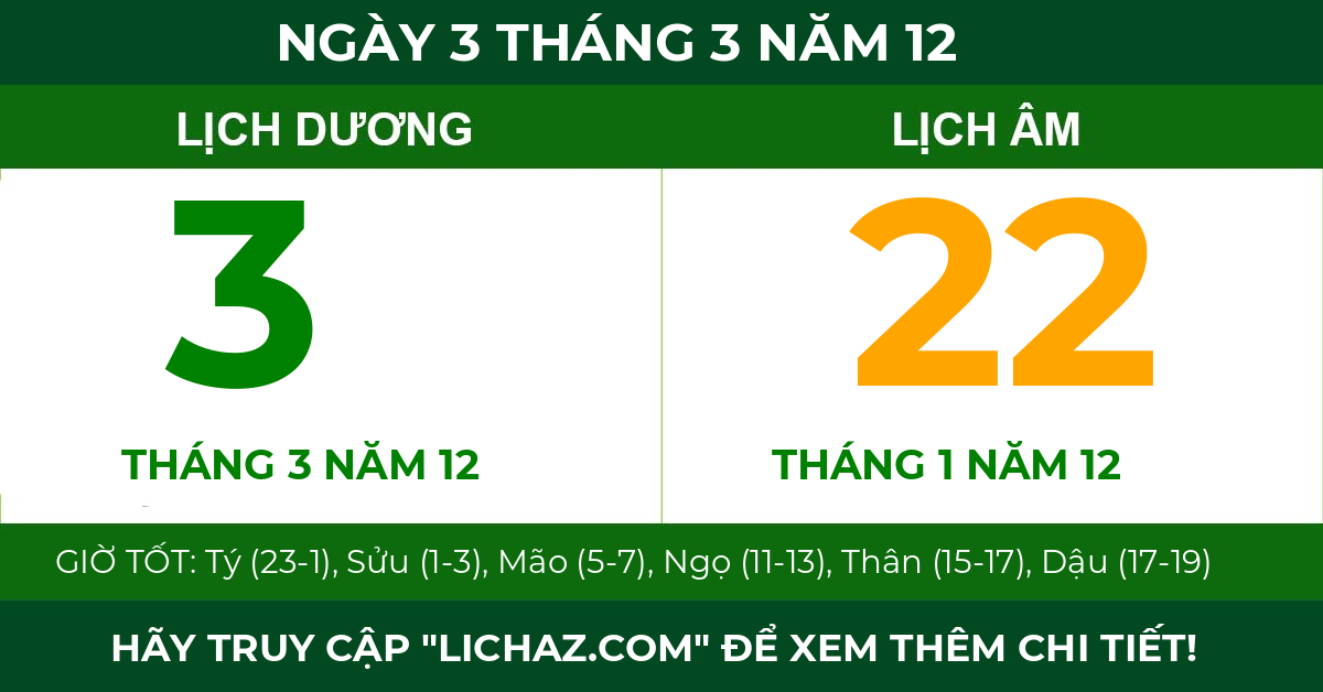 lịch âm ngày 3 tháng 3 năm 12
