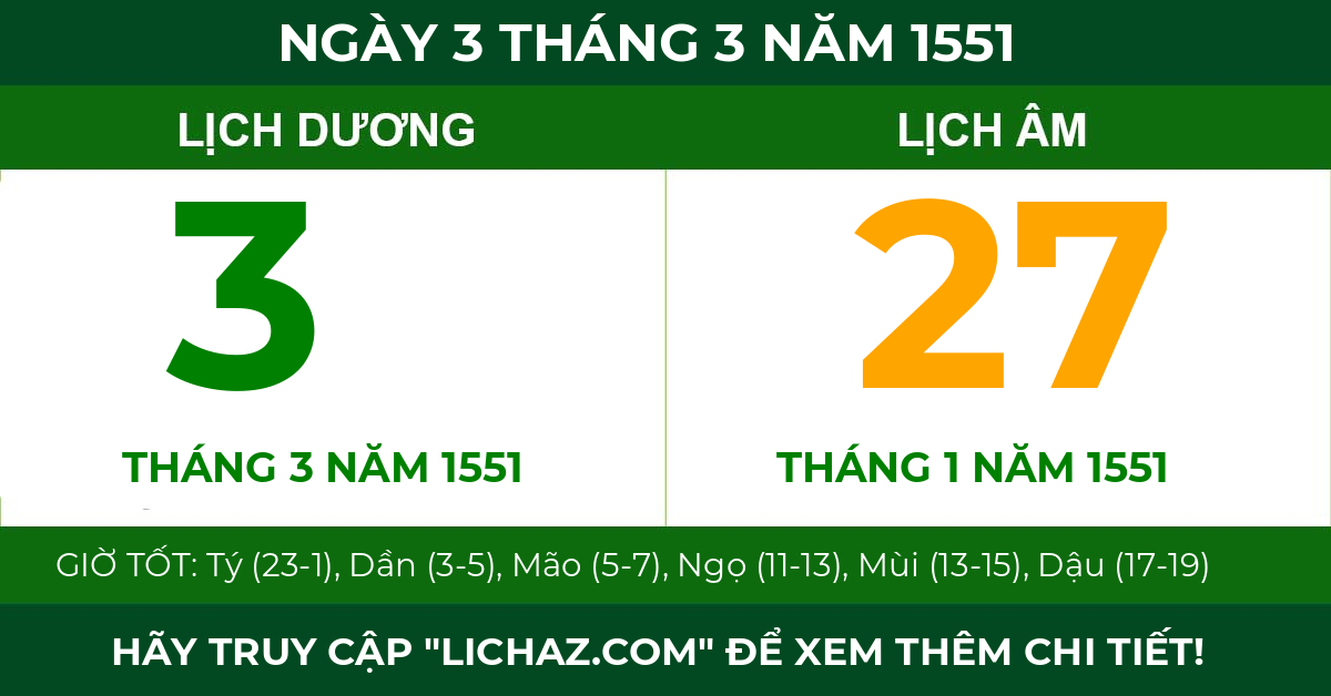 lịch âm ngày 3 tháng 3 năm 1551