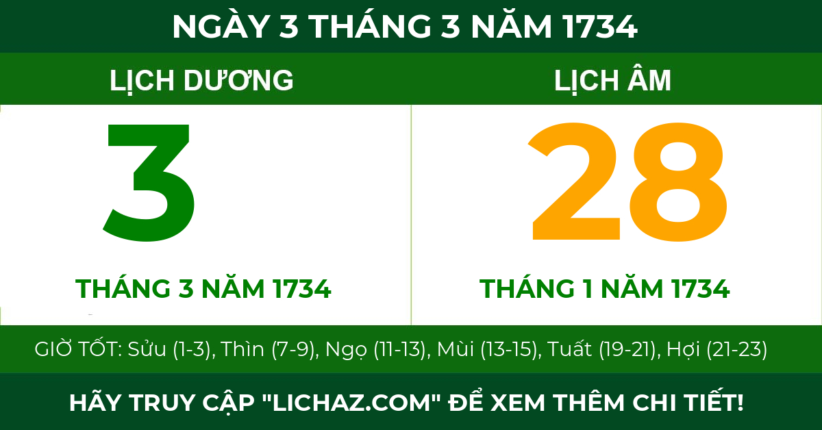 lịch âm ngày 3 tháng 3 năm 1734