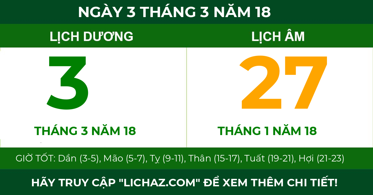 lịch âm ngày 3 tháng 3 năm 18