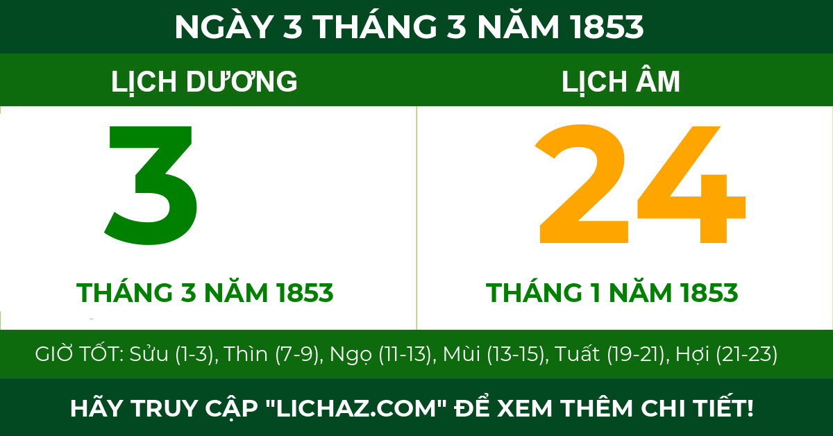 lịch âm ngày 3 tháng 3 năm 1853