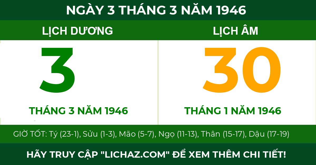 lịch âm ngày 3 tháng 3 năm 1946