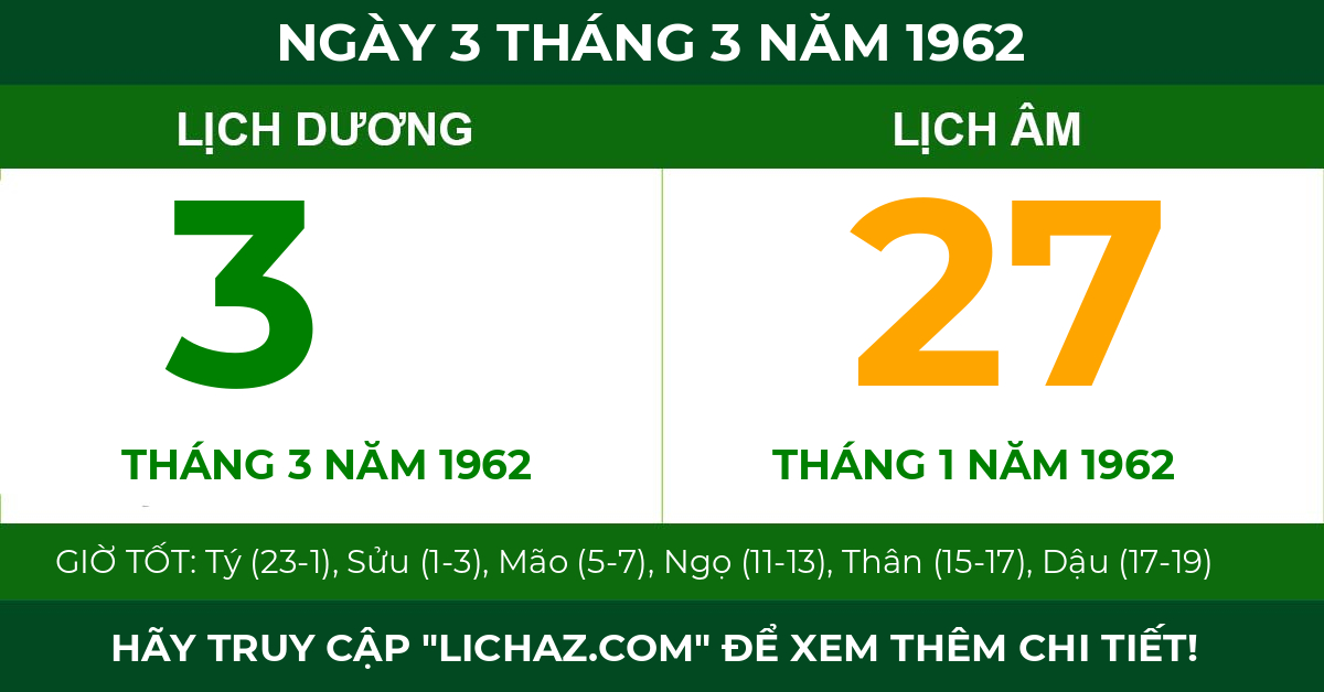 lịch âm ngày 3 tháng 3 năm 1962