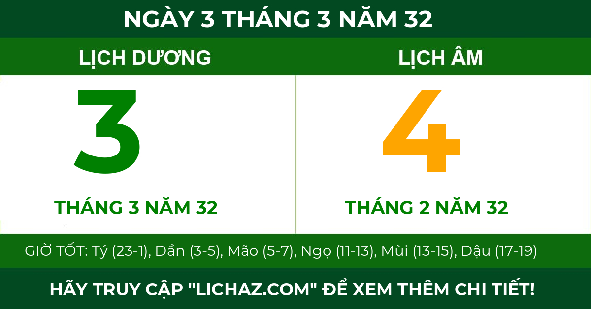 lịch âm ngày 3 tháng 3 năm 32