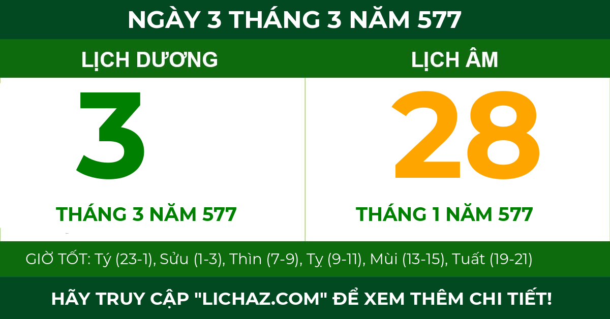 lịch âm ngày 3 tháng 3 năm 577