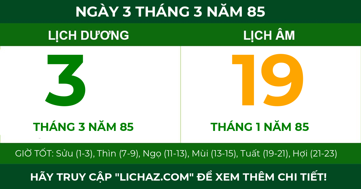 lịch âm ngày 3 tháng 3 năm 85