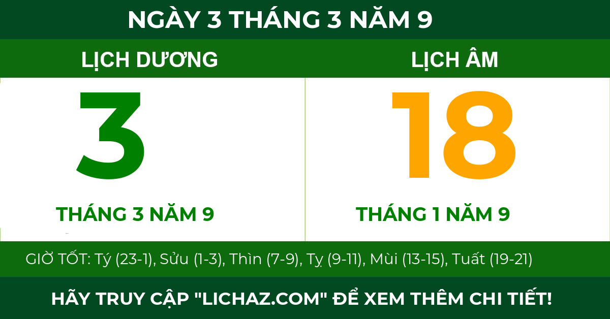lịch âm ngày 3 tháng 3 năm 9