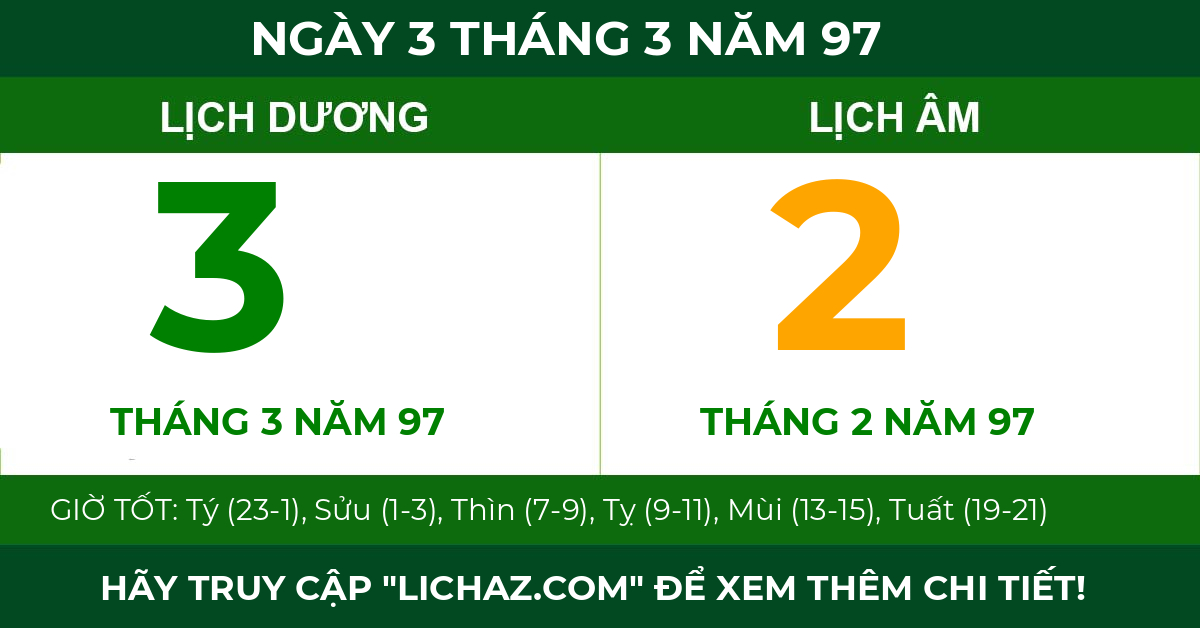 lịch âm ngày 3 tháng 3 năm 97