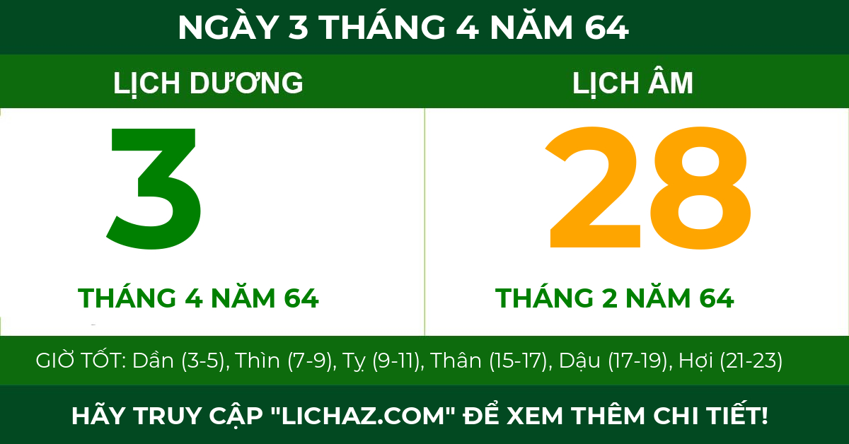 lịch âm ngày 3 tháng 4 năm 64