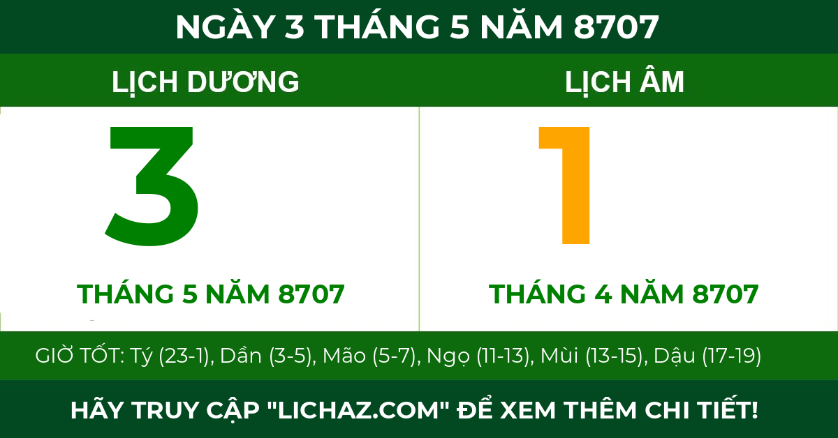 lịch âm ngày 3 tháng 5 năm 8707