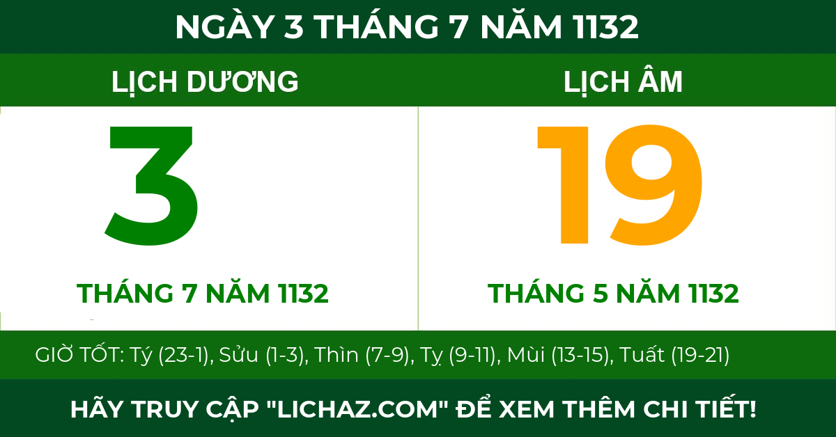 lịch âm ngày 3 tháng 7 năm 1132