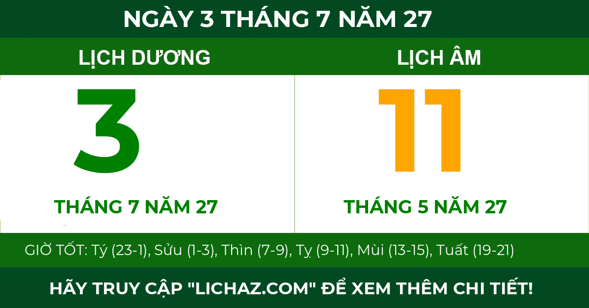 lịch âm ngày 3 tháng 7 năm 27