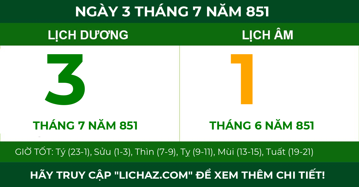 lịch âm ngày 3 tháng 7 năm 851