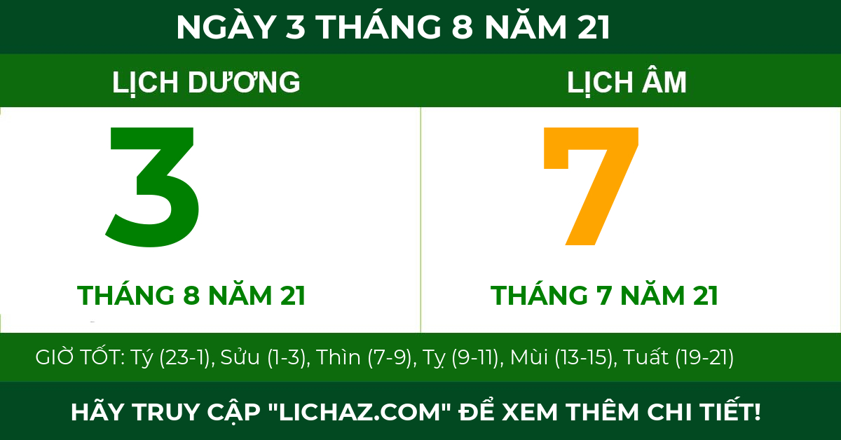 lịch âm ngày 3 tháng 8 năm 21