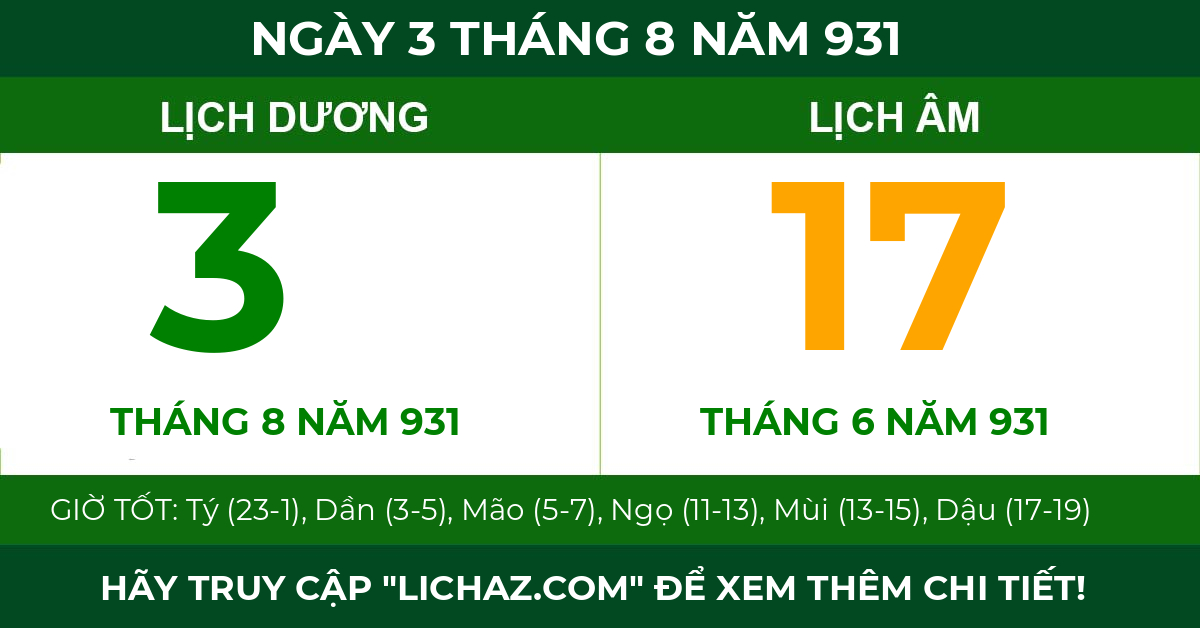 lịch âm ngày 3 tháng 8 năm 931