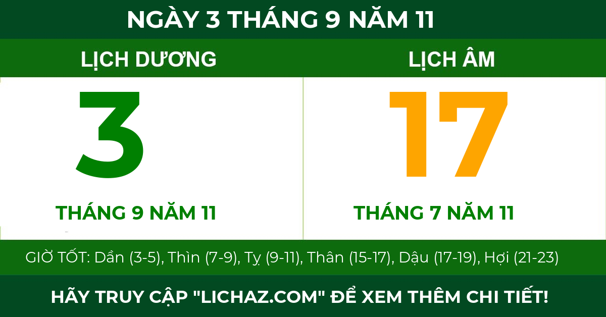 lịch âm ngày 3 tháng 9 năm 11