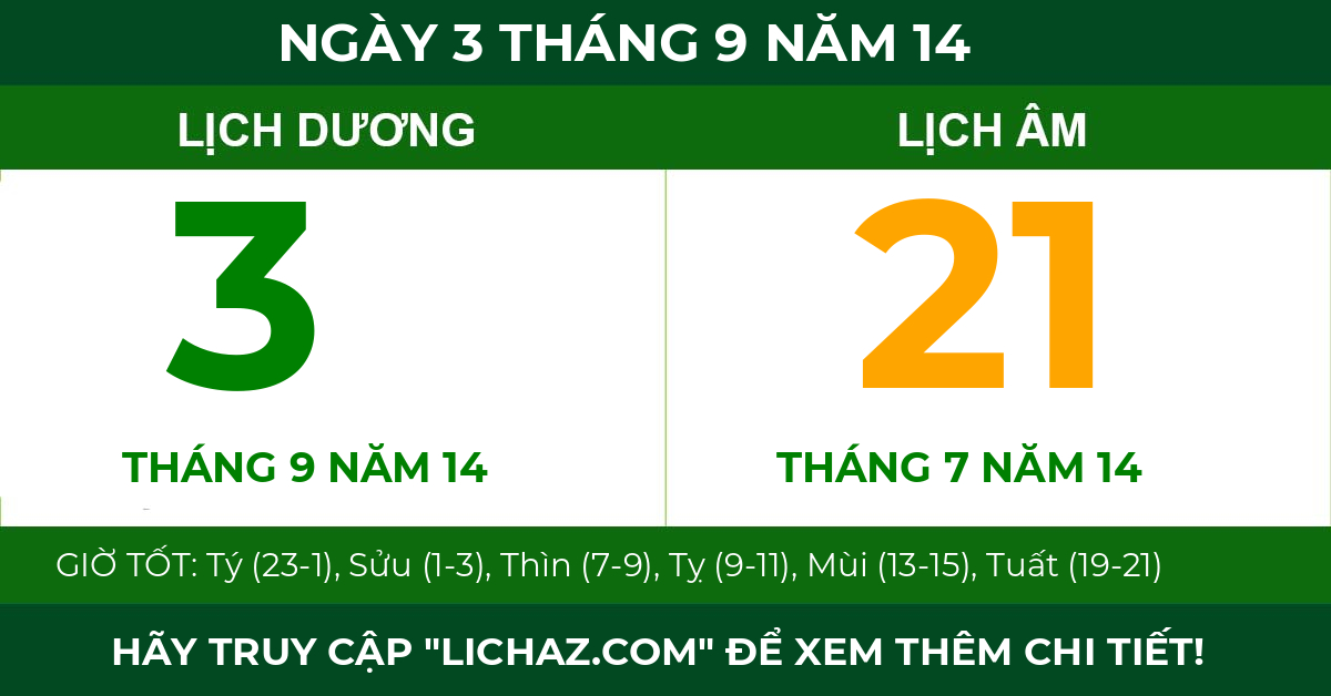 lịch âm ngày 3 tháng 9 năm 14