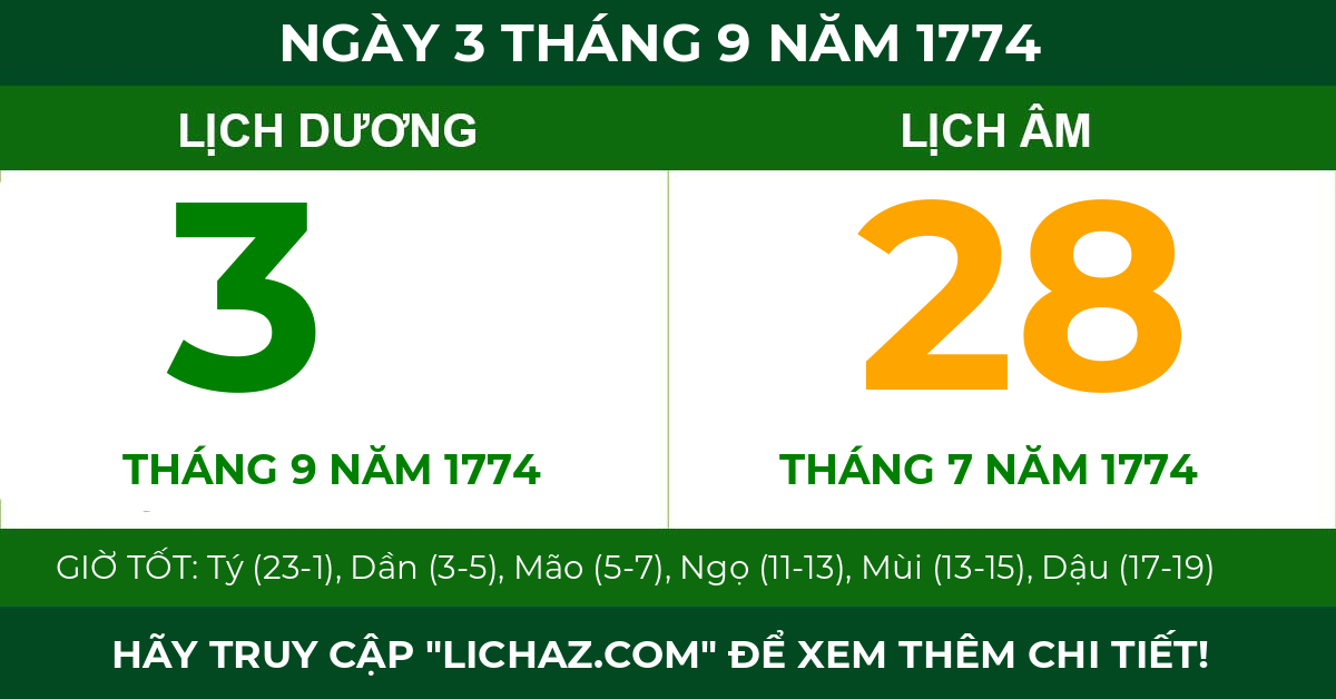 lịch âm ngày 3 tháng 9 năm 1774