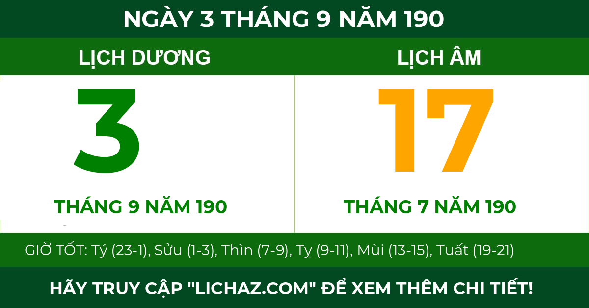 lịch âm ngày 3 tháng 9 năm 190