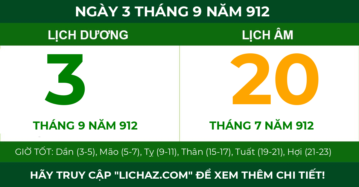 lịch âm ngày 3 tháng 9 năm 912