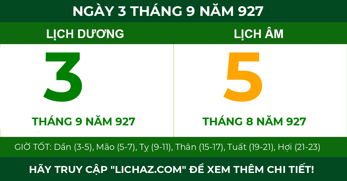 lịch âm ngày 3 tháng 9 năm 927