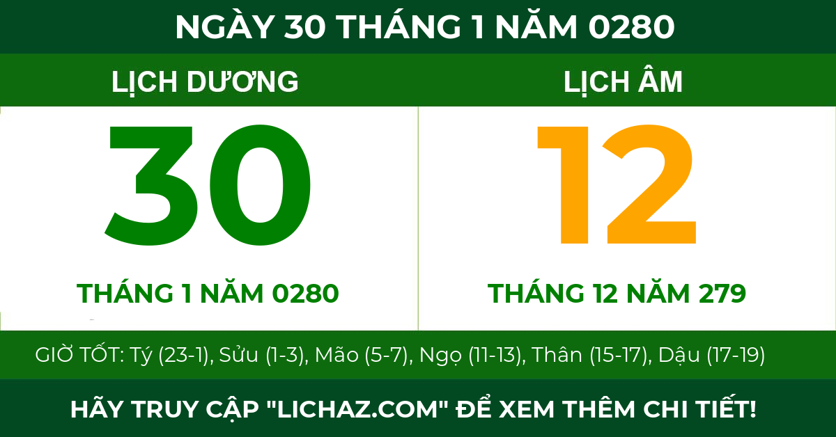 lịch âm ngày 30 tháng 1 năm 0280