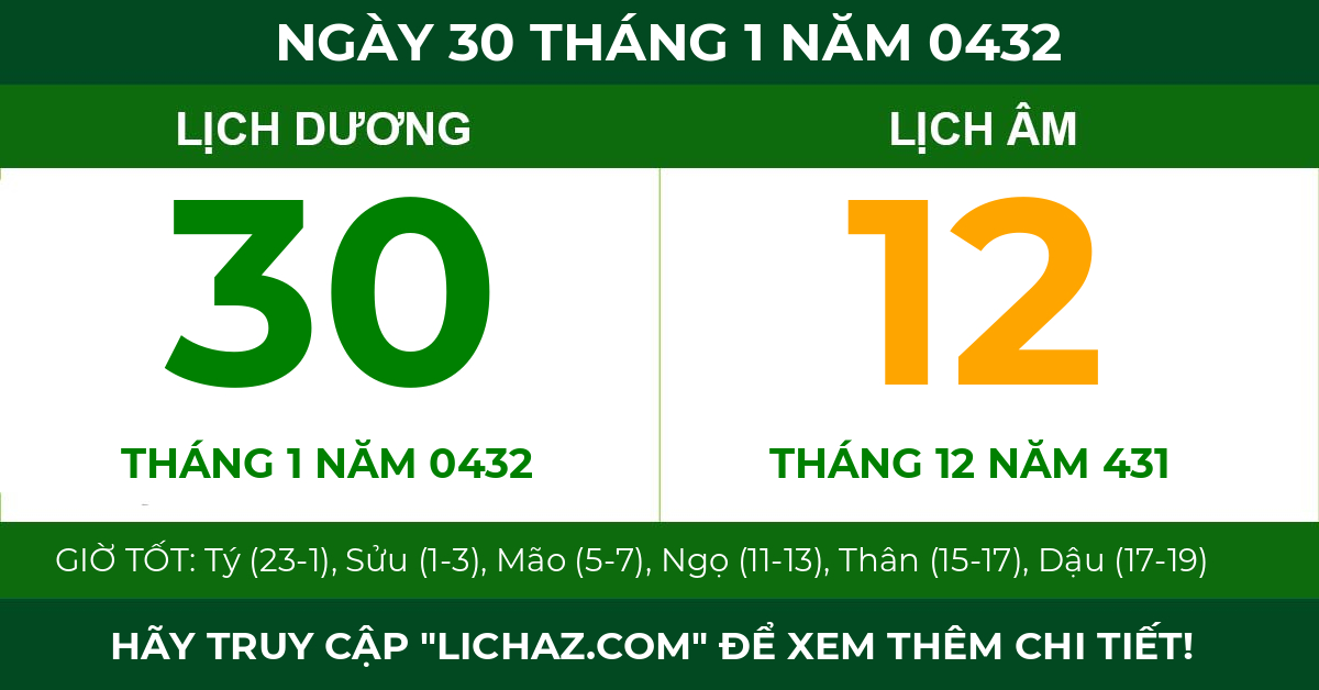 lịch âm ngày 30 tháng 1 năm 0432