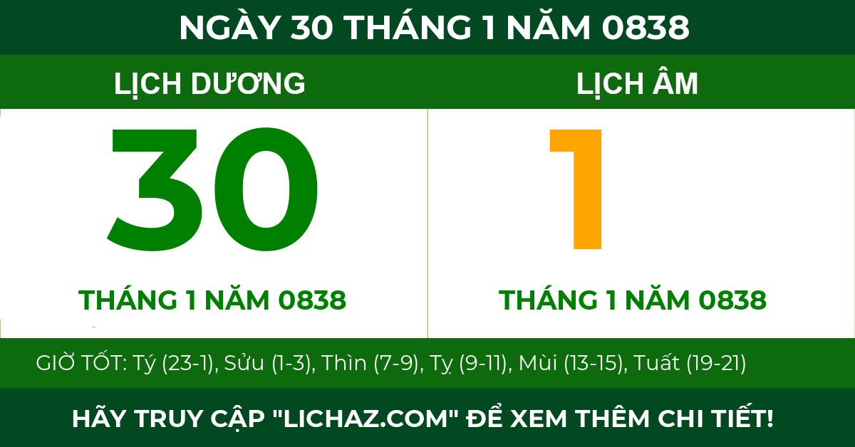 lịch âm ngày 30 tháng 1 năm 0838