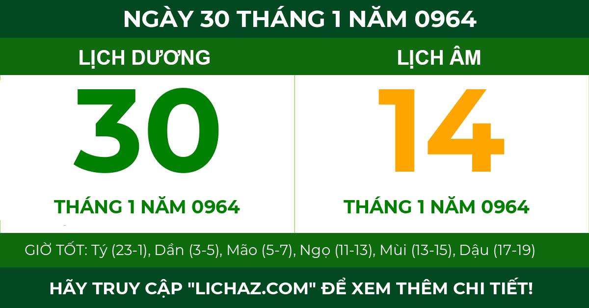 lịch âm ngày 30 tháng 1 năm 0964
