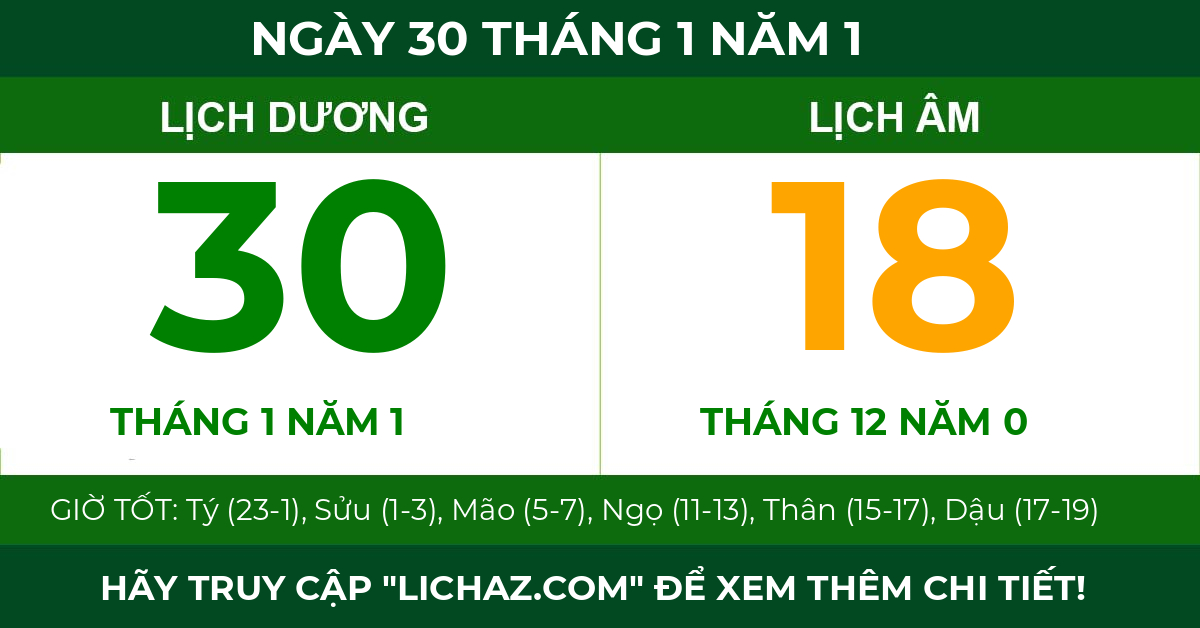 lịch âm ngày 30 tháng 1 năm 1
