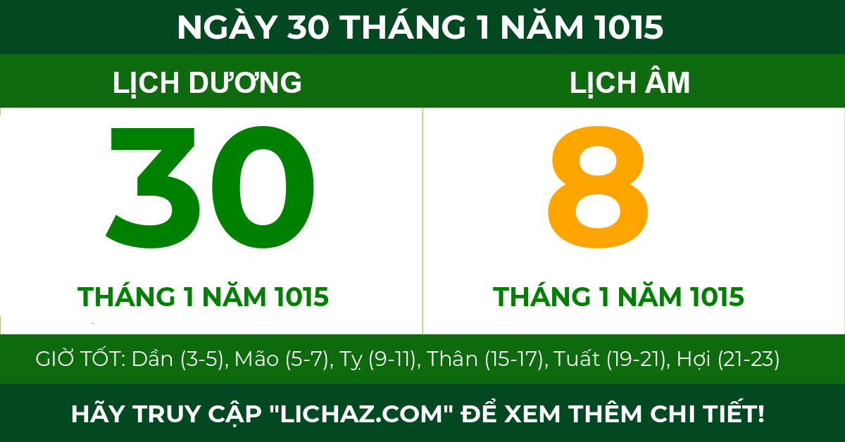 lịch âm ngày 30 tháng 1 năm 1015