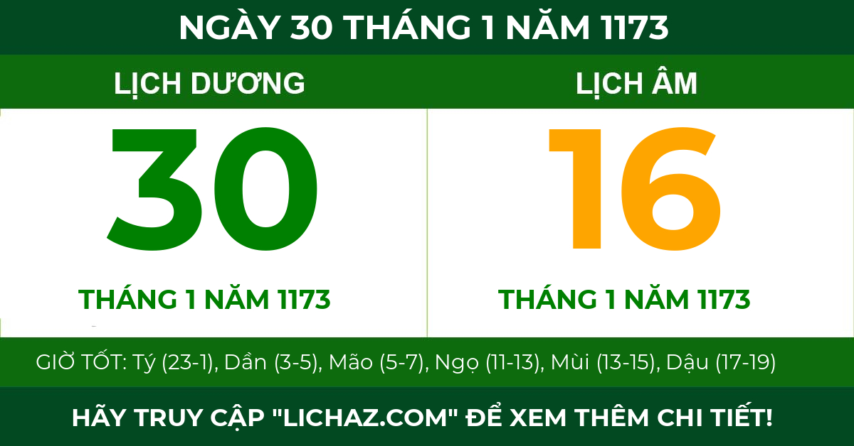 lịch âm ngày 30 tháng 1 năm 1173