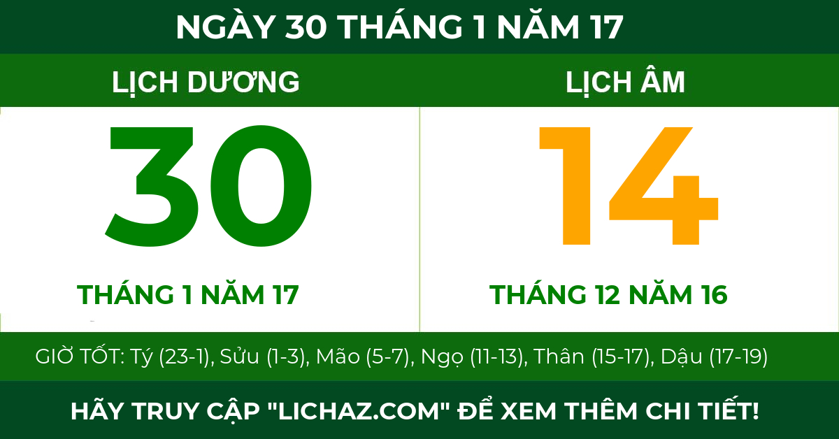 lịch âm ngày 30 tháng 1 năm 17