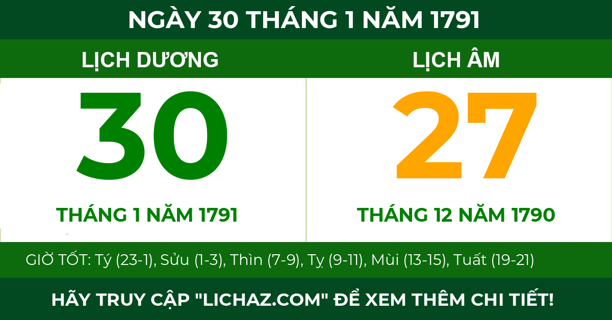 lịch âm ngày 30 tháng 1 năm 1791