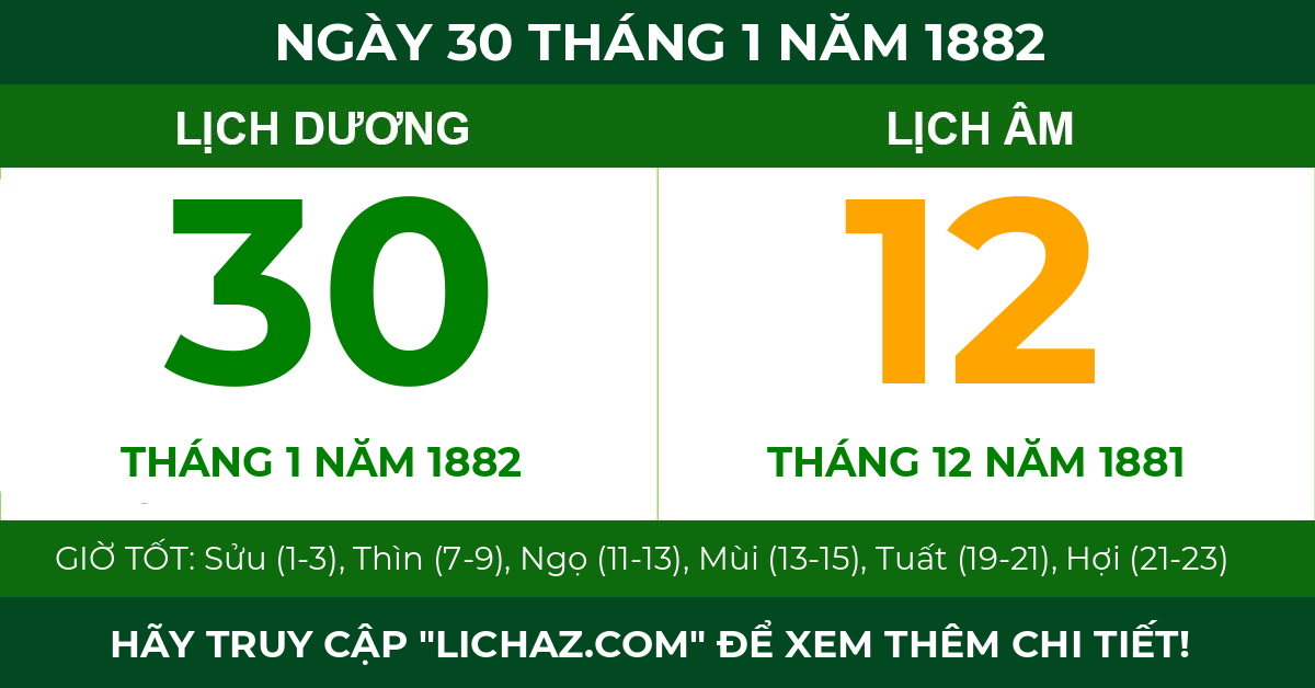 lịch âm ngày 30 tháng 1 năm 1882