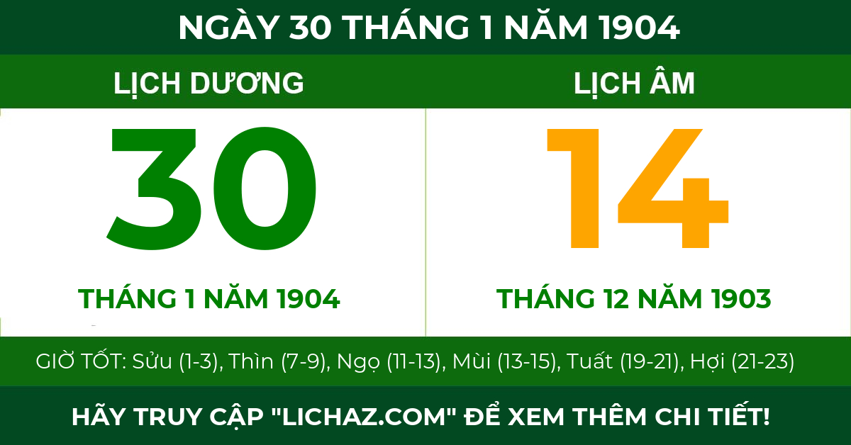 lịch âm ngày 30 tháng 1 năm 1904