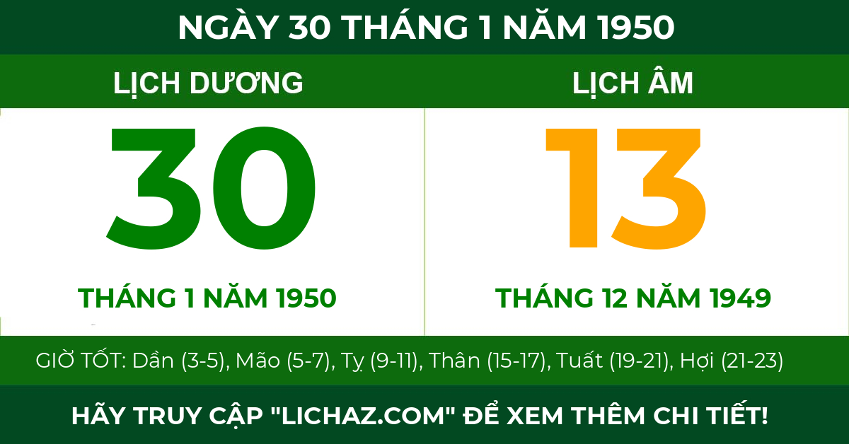 lịch âm ngày 30 tháng 1 năm 1950
