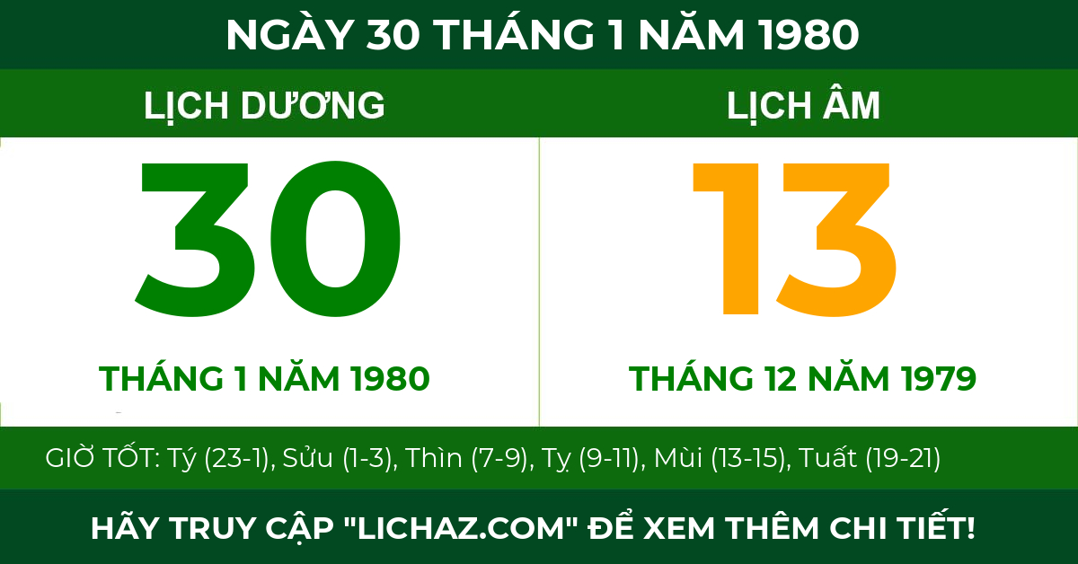 lịch âm ngày 30 tháng 1 năm 1980