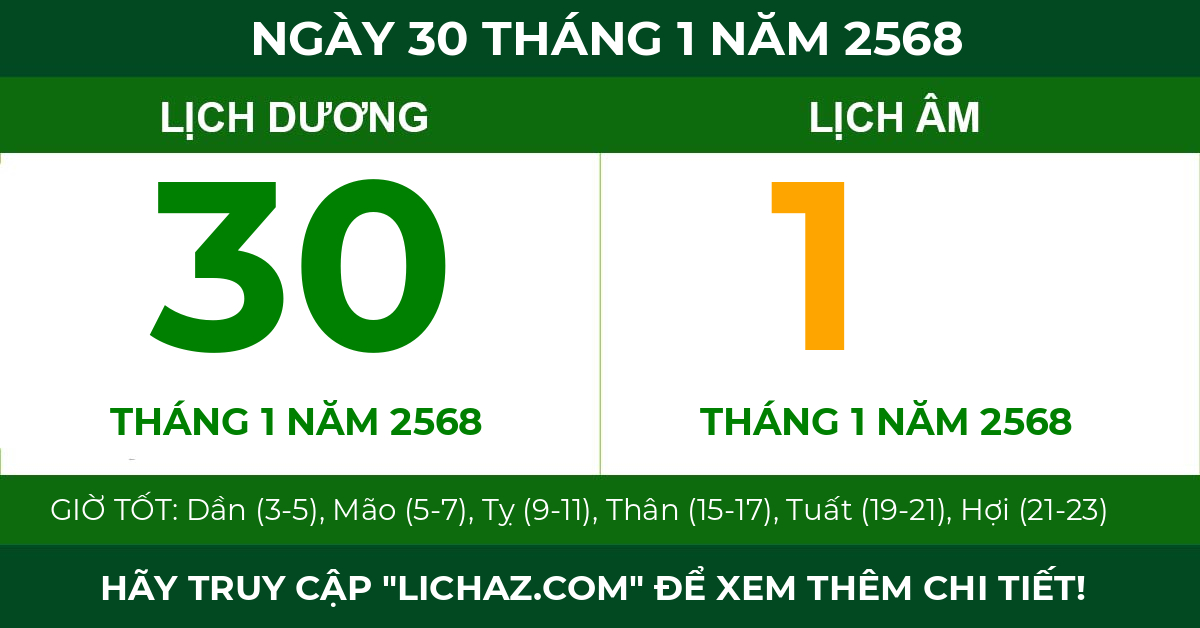 lịch âm ngày 30 tháng 1 năm 2568