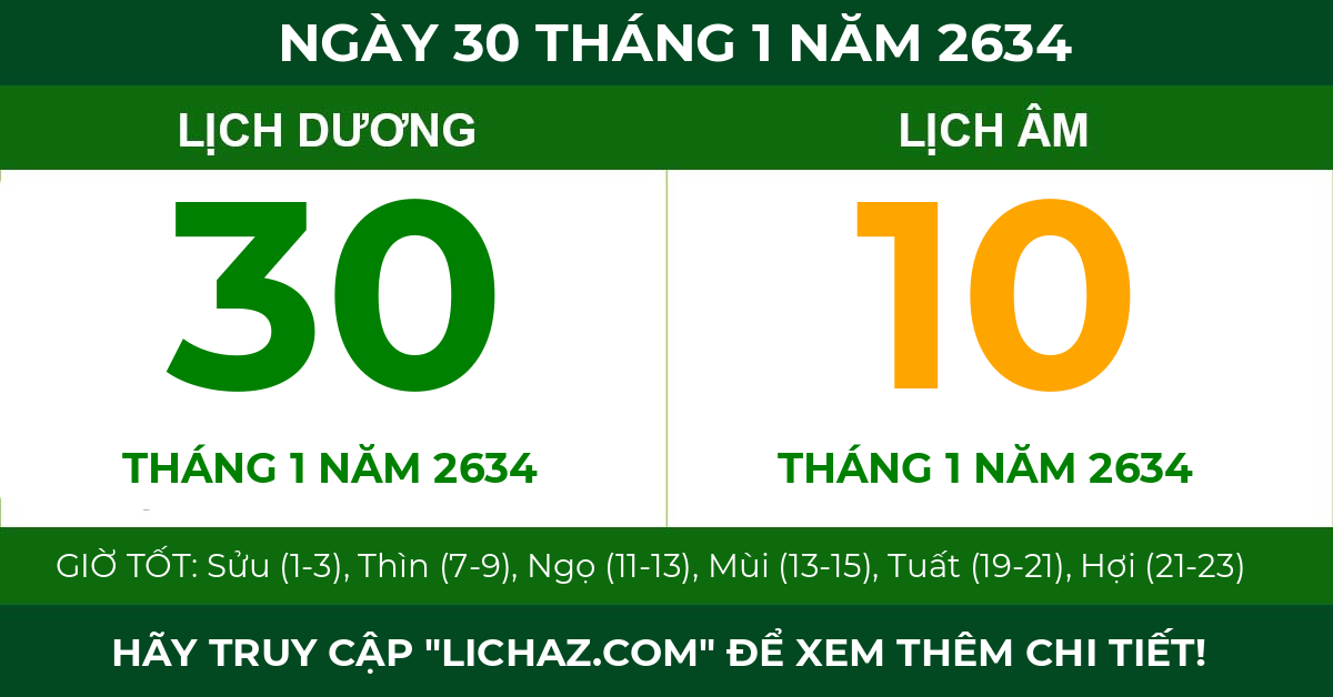 lịch âm ngày 30 tháng 1 năm 2634
