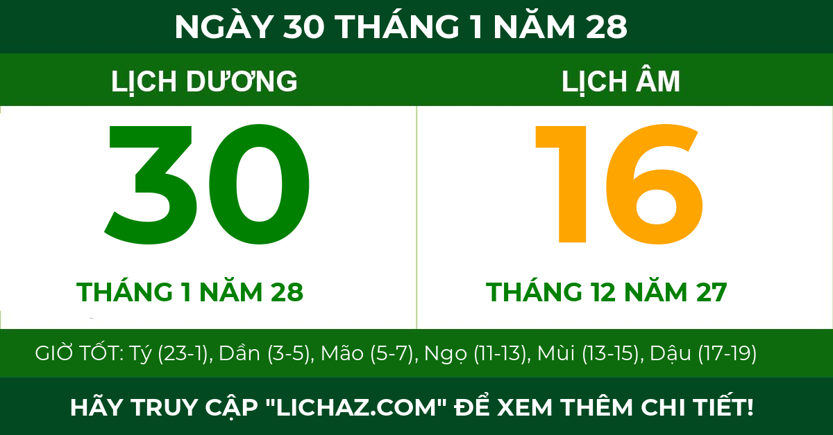 lịch âm ngày 30 tháng 1 năm 28