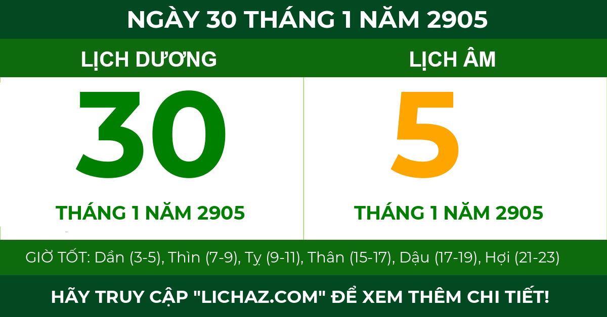 lịch âm ngày 30 tháng 1 năm 2905