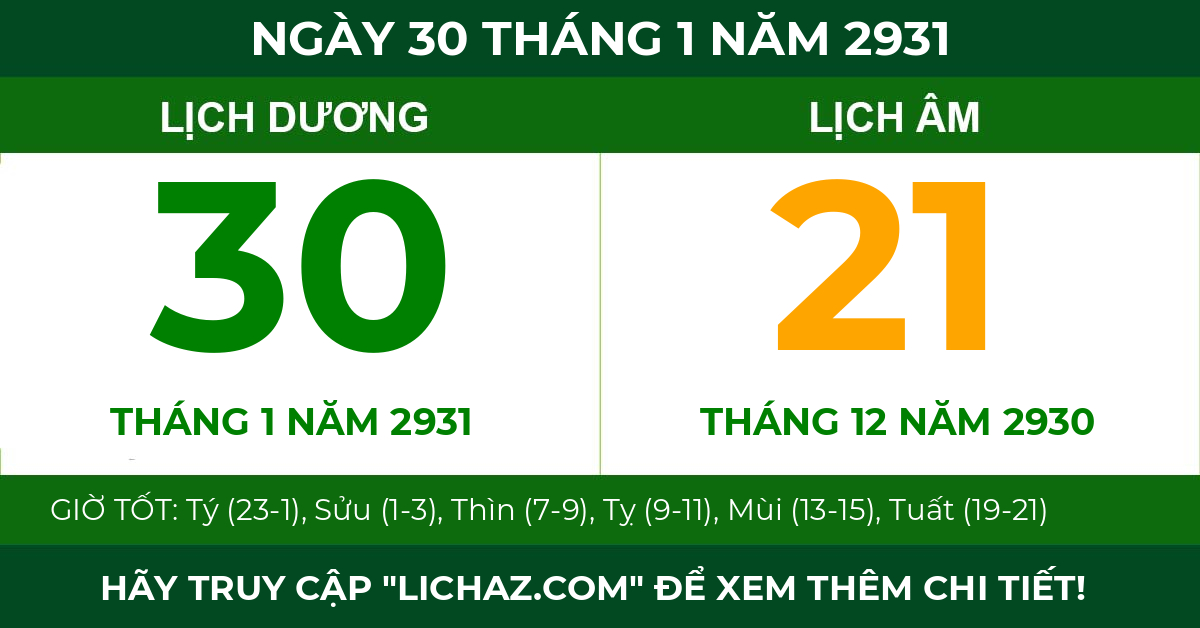lịch âm ngày 30 tháng 1 năm 2931